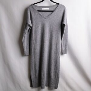 GRANA Mongolian Cashmere V-Neck Sweater Dress Gray Small Relaxed‎ Fit Midi